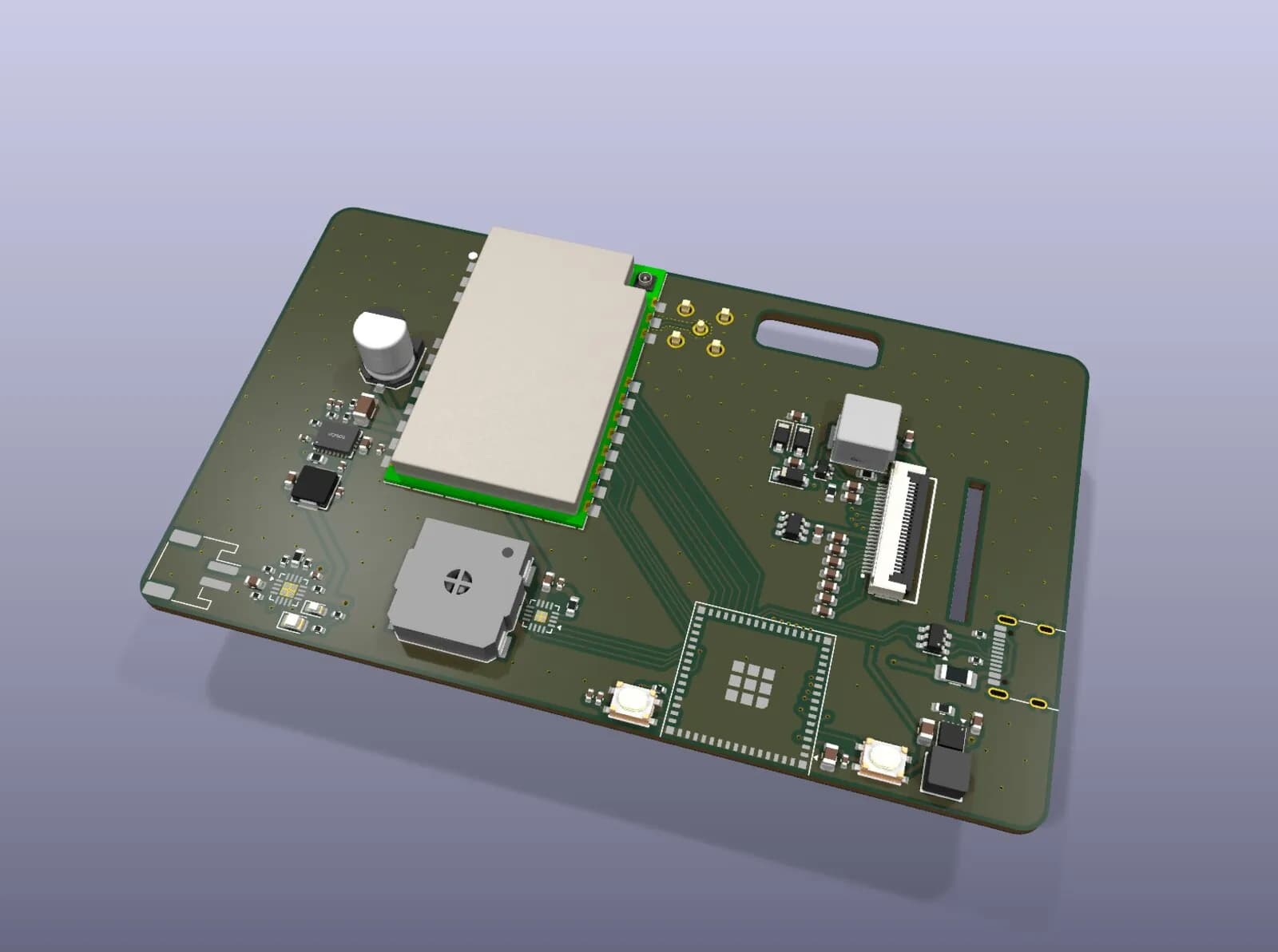 3D render of the LoRa pager PCB with the LoRa module and speaker