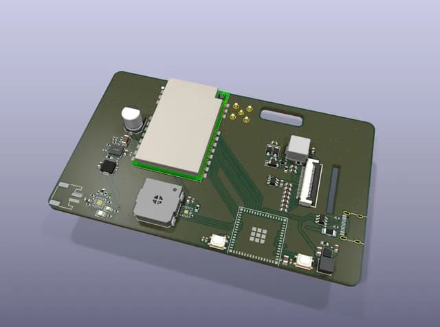 3D render of the LoRa pager PCB with the LoRa module and speaker