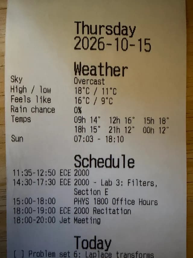A printed receipt with the day's weather, schedule and todos