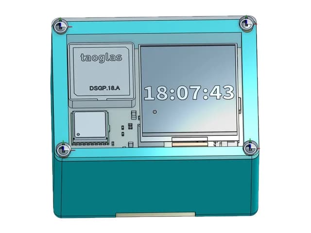 CAD render of the watch showing the time on its display