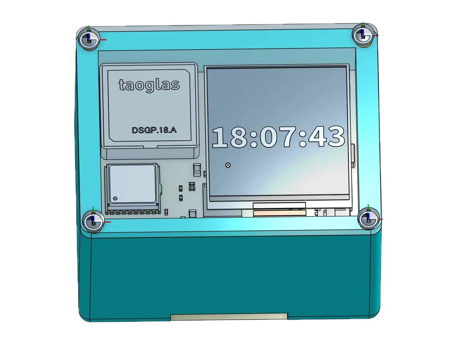 CAD render of the watch showing the time on its display